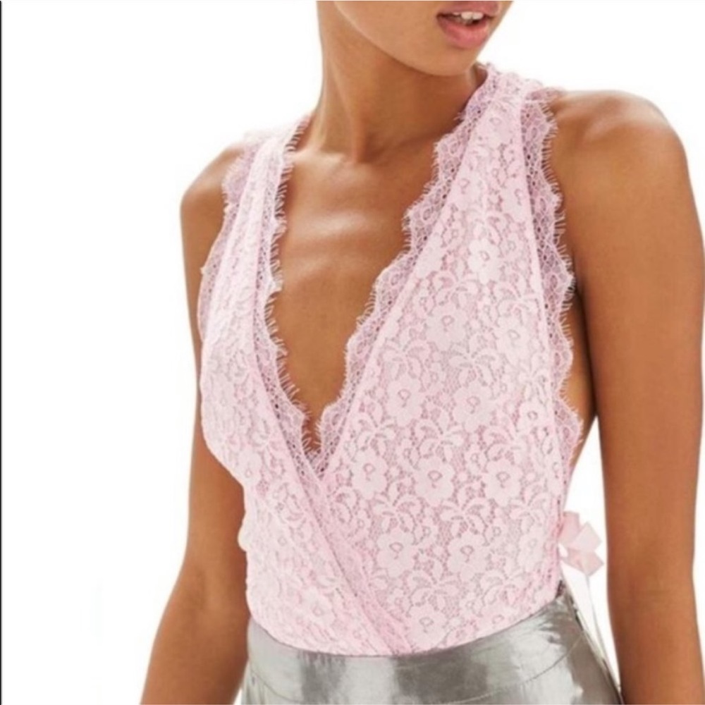 Topshop Side Tie Lace Bodysuit In Pink
